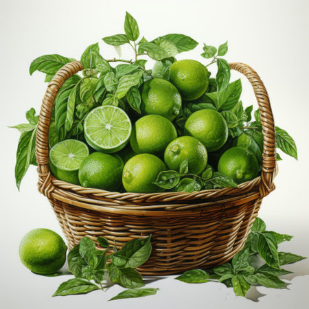lime fruit in a basket with herbs on a white background. the composition is detailed and layered, resembling the style of a realistic portrait painter. the colors used are light cyan and green, creating a fresh and vibrant look. this image can be used for illustrated advertisements or to create dark and moody still lifes. the isometric angle adds an interesting perspective. ai generatedの素材