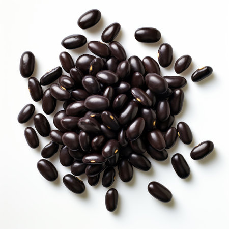 a photo of black beans with a dark green hull, displayed on a white background. the beans are captured in a realistic still life composition, with dramatic lighting that highlights their light black and maroon colors. this contemporary modernist-type photograph, taken with a 20-megapixel camera, offers a birds-eye-view perspective and has a matte finish. ai generatedの素材