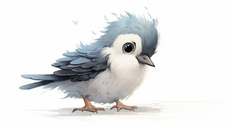 a little gray and blue bird perched on a white table, depicted in a detailed character illustration style. this concept art by emilia wilk showcases cute cartoonish designs, reminiscent of jeremy lipking's clean and sharp inking. the bird's presence adds a touch of charm to the rough-edged 2d animation. ai generatedの素材