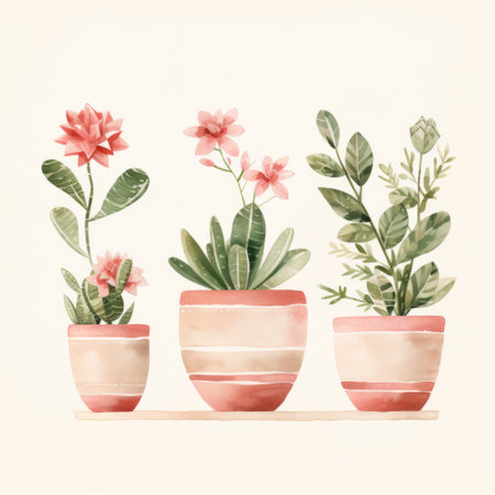 three watercolor illustrations showcase a trio of pots filled with vibrant succulents. the vintage-inspired artwork features a light red and beige color palette, with striped arrangements adding visual interest. the soft atmospheric perspective creates a dreamy ambiance, while the white and pink hues add a delicate touch to the overall illustration. ai generatedの素材