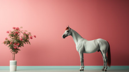 a white horse gracefully stands in front of a pink wall, accentuated by a vibrant plant. this visually stunning photograph captures the essence of physically based rendering and oriental minimalism. inspired by the works of nathan wirth, the light red and gray tones create a captivating atmosphere. the selective focus adds depth, while the touch of maximalism and petcore elements enhance the overall composition. aiの素材