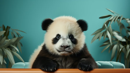 a panda sitting on a chair surrounded by plants, captured in a stunning 8k resolution photograph by national geographic. the panda's strong facial expression is beautifully highlighted in the light cyan and black color scheme. this high-detailed image showcases the panda's cuteness and adds a colorful touch to any website. ai generatedの素材