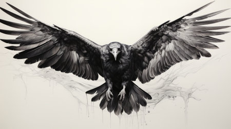 a hyperrealistic mural-style drawing by kenneth rocafort featuring a black bird soaring through dark white and dark gold clouds. this monumental ink painting depicts animals with the precision and detail reminiscent of dustin nguyen's work. the symmetry and balance in this artwork create a captivating visual experience. ai generatedの素材