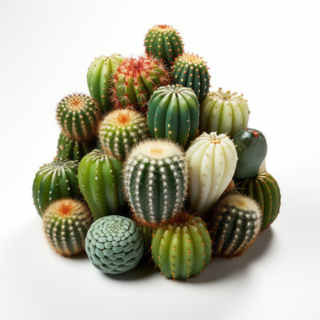 a pile of lifelike cactus figures in various vibrant colors, created by the talented artist yoshikazu yasuhiko. the bulbous shapes and meticulous technique bring these green cacti to life. the softbox lighting enhances the realistic details, captured beautifully with the minolta riva mini camera. ai generatedの素材