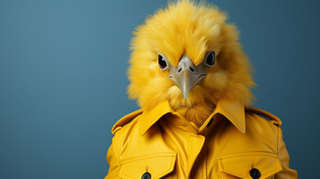 a yellow bald eagle, adorned with a yellow jacket and a yellow aviator helmet, stands out in this surreal fashion photography. the image captures the unique style of object portraiture specialist, with a touch of duckcore influence. the close-up shot showcases the vibrant colors of the eagle's attire against a dark azure background. minimal retouching enhances the natural beauty of the scene. ai generatedの素材