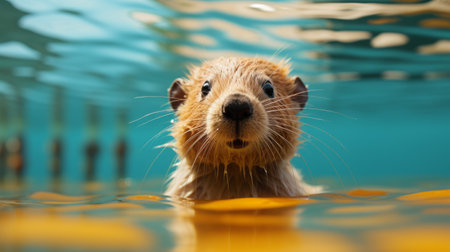 oskar, a bear with adorable yellow paws, is captured in this hyperrealistic wildlife portrait. the low-angle shot adds a dreamy touch to the image, while the focus stacking technique ensures every detail is crisp and clear. the aquarium setting, reminiscent of dutch marine scenes, creates a unique backdrop. oskar's lively facial expressions make this photo truly captivating. ai generatedの素材