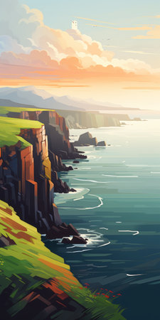 a beautiful green cliff, overlooking a crystalline seascape, is depicted in this illustrative sketch. the style of the sketch is characterized by saturated color fields and soft gradients, reminiscent of scottish landscapes. the color palette includes shades of light navy and amber, creating a visually stunning composition. the sketch is captured in 8k resolution, showcasing intricate details. it evokes the essence of california plein airの素材