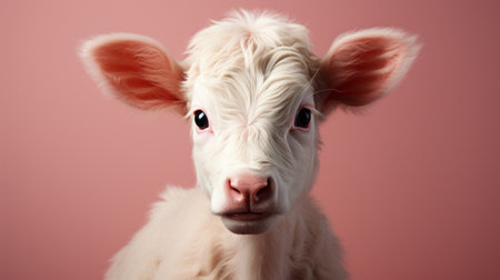 a white cow with a light pink and crimson style, captured in 8k resolution. this object portraiture specialist showcases elements of babycore, visual puns, and elegant, emotive faces. ai generatedの素材