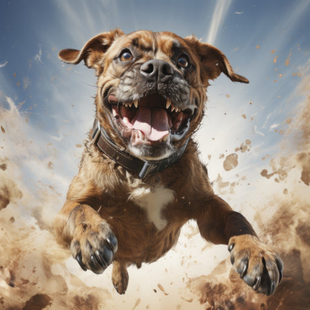 a dog leaps into a swirling dust cloud, surrounded by dog food. this hyper-detailed, realistic rendering captures the strong facial expression of the dog. the photograph showcases the expressive strokes and intense close-up of the desertwave scene. shot with a wollensak 127mm f47 ektar lens, the image combines photobashing techniques for a unique composition. ai generatedの素材
