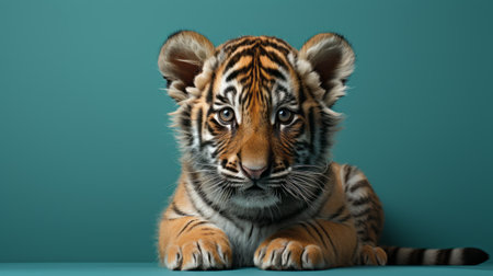 a 3d tiger cub is depicted on a vibrant blue background, showcasing minimal retouching and vivid, saturated colors. the large format lens captures the powerful portraits of the cub, highlighting the dark green and amber tones. this realistic and detailed artwork has won a contest. ai generatedの素材