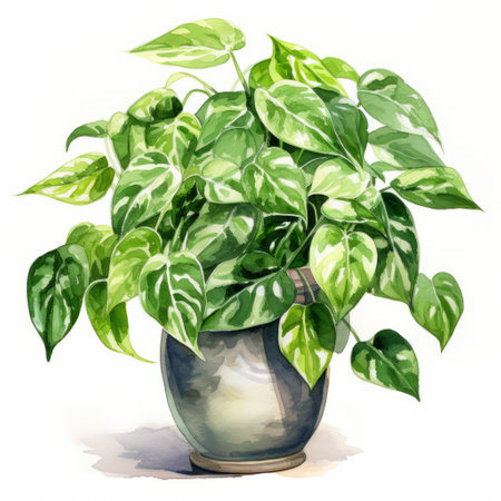 ivy plant watercolor graphic illustration featuring an accurate and detailed depiction of an indoor still life. the painting showcases a striped pattern in chrome-plated style, inspired by the art of the congo. the color palette includes dark white and light green, creating a visually appealing contrast. the artwork is presented on glazed earthenware. ai generatedの素材