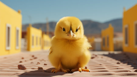 a yellow chicken, rendered in cinema4d using photo-realistic techniques by david nordahl, sits on a dirt driveway. the close-up shot showcases the intricate details of the chicken's feathers and the realistic textures achieved through vray tracing. the desertpunk aesthetic adds a unique touch to the overall composition, captured beautifully by sana takeda. ai generatedの素材