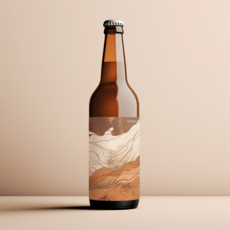 a rye beer bottle design featuring a realistic landscape with soft, tonal colors. the design incorporates elements of kintsugi, fluid formations, and light orange and beige hues. layered mesh and loose linework add depth and texture to the overall composition. ai generatedの素材