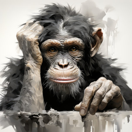 a black and white chibi chimpanzee, in the style of conceptual painting, gazes back at the camera. this highly realistic artwork showcases colorful muralist influences, with loose gestures and photorealistic wildlife art techniques. the digital art techniques used in this piece bring the chibi chimpanzee to life, capturing its essence and charm. ai generatedの素材