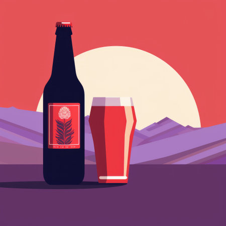 a beer bottle and bottle of beer sit beside a stunning sunset, featuring flat chromatic fields in light red and dark crimson. the scene showcases mountainous vistas in a graphic and bold style, with a poignant and folk-inspired touch. the image captivates with its high tonal range, creating a visually striking composition. ai generatedの素材