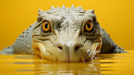 the alligator's head, rendered in cinema4d, is submerged underwater. with a light yellow and amber color, the photo-realistic techniques bring out the expressive eyes. this artwork, inspired by range murata, showcases saturated colors and was created using zbrush. ai generatedの素材