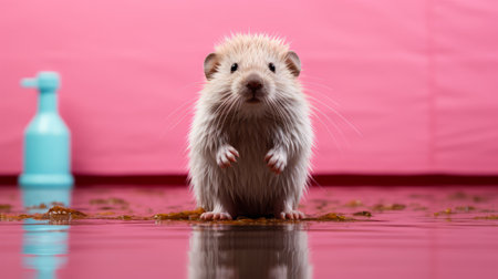 microscopic mouse standing in puddle, flower backdrop. light magenta and beige hues. emotive gestures, fur and feathers texture emphasized. john wilhelm's poodlepunk style brings raw, edgy vibes. intel core technology captures intricate details. ai generatedの素材