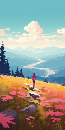 a girl walks through a vibrant flowery patch in this landscape photo. the scene showcases stunning mountainous vistas and realistic, hyper-detailed renderings. the wilderness setting is enhanced by bold character designs and soft, hazy brushstrokes. this photo captures the essence of travel and adventure. ai generatedの素材