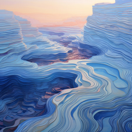 a digital painting featuring a blue and dark swirling river in a lake with blue insets. this desertwave-inspired artwork showcases pastel-colored landscapes and chromatic sculptural slabs. the highly detailed illustration is characterized by layered lines and vibrant colors. ai generatedの素材
