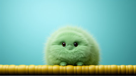 a small green bunny sits on a bamboo, depicted in an aggressive digital illustration style. the artwork showcases attention to detail in the texture of the bunny's fur and feathers. the color palette consists of light cyan and yellow, reminiscent of a persian miniature. the bunny's toy-like proportions and soft, rounded forms add to its charm. ai generatedの素材