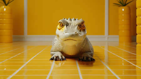 a toy animal, resembling a charming and exotic creature, is depicted sitting on a tiled floor. the hyper-realistic water effect, created using octane render, adds a touch of elegance to the scene. the light white and yellow tones enhance the overall aesthetic, while the intricate character illustrations showcase the unique style of frogcore. the composition exudes a sense of dynamism with the figura serpentinata technique.の素材