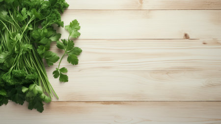 flat lay composition featuring parsley branches on a rustic white wood floor background. this elegant and soft-toned photograph is captured from a top view, with ample copy space. the image showcases studio lighting and is available in 8k and hd resolution. perfect for various photography projects. ai generatedの素材