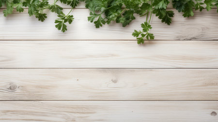 green parsley growing on a wooden panel with a white background. the composition is styled with stripes, creating a soft and dreamy atmosphere. the innovative page design showcases the vibrant absinthe culture. the light beige and white colors add to the aerial view of the lively tableaus. ai generatedの素材