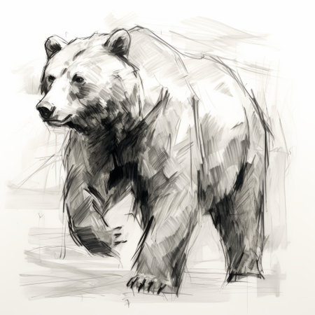 a sketch of a bear walking on the ground, created in the style of speedpainting. the artwork features transparent layers and dynamic brushstrokes, reminiscent of the techniques used by artists grzegorz domaradzki and florian nicolle. the bear is depicted with highly realistic details, while also incorporating geometric animal figures. ai generatedの素材