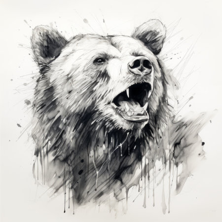 a black and white drawing of a bear, created in the aggressive digital illustration style of martin rak. this artwork emphasizes emotion over realism, showcasing explosive wildlife through colorful ink wash paintings. the bear is depicted in dark brown and white, capturing the raw power and intensity of this magnificent creature. ai generatedの素材