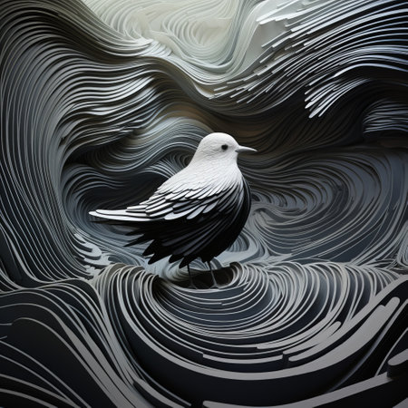 a small bird perched on a carved wave of paper, showcasing a solarization effect. the image features futuristic chromatic waves, with contrasting dark white and light black tones. the water appears hyper-realistic, with multilayered and high-contrast shading. this unique composition embodies elements of pigeoncore aesthetics. ai generatedの素材