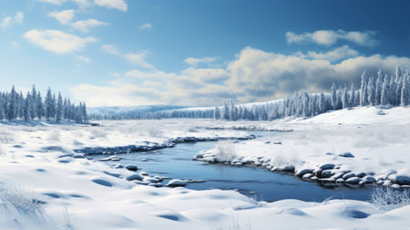 a winter landscape with naturalistic background featuring a fusion of water and land. this uhd image showcases the fine and detailed rendering of delicately crafted landscapes, created using vray technology. ai generatedの素材