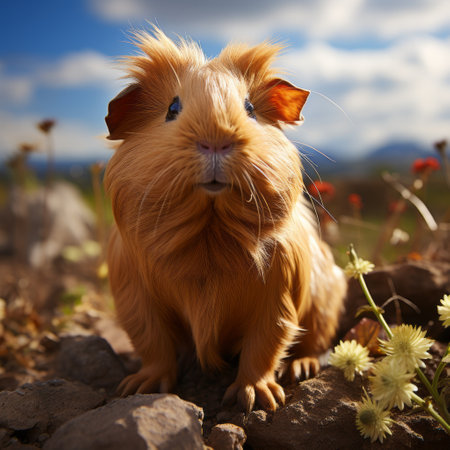 a guinea pig captured in a dynamic pose, showcasing its adorable features and personality. this ultra-sharp, hyper-realistic image offers high detail, definition, contrast, and depth of field. the wide-angle shot beautifully captures the full body of the guinea pig, bringing its cuteness to life. ai generatedの素材