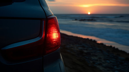 a stunning landscape of a solitary brake light on a cliff by the sea, the sun setting on the horizon, the calm and serene ocean reflecting the warm colors of the sky, the soft mist enveloping the brake light, detailing every texture and detail. photography, 24mm wide-angle lens. ai generatedの素材