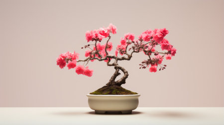 a bonsai tree with pink blossoms is captured in a photograph using a solarization effect. the image showcases a classic still life composition with brightly colored minimalism and movement. the light gray and red tones create a visually striking contrast, while the colorful arrangements and porcelain add an elegant touch. ai generatedの素材