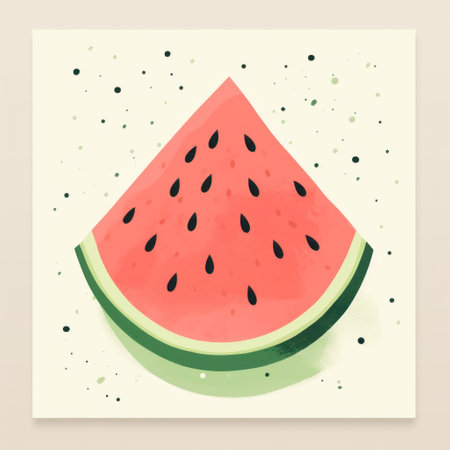 a slice of watermelon is depicted in this illustration, featuring polka dots and soft, hazy brushstrokes. the bold posters style is evident with the use of light beige and red colors. the illustration also showcases a strong use of color, including light green and light black, resulting in lively and vibrant visuals. ai generatedの素材