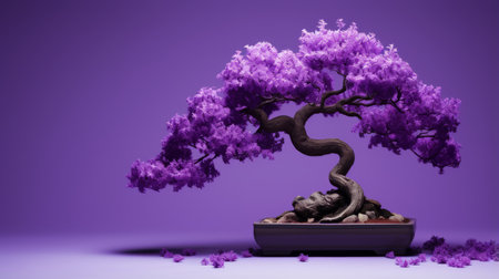 a purple and colorful bonsai tree, created using monochromatic imagery and digital manipulation techniques. this realistic sculpture showcases the influence of ancient chinese art, with flowing forms and a matte background. the use of focus stacking enhances the intricate details of the tree, resulting in a visually captivating composition. ai generatedの素材