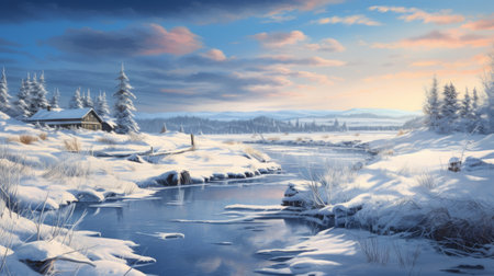 a snow-covered landscape with a flowing river, reminiscent of patrick brown's historical illustrations. this 8k resolution image captures the beauty of nature with soft pastel skies. the scene is painted in a freehand style, reminiscent of the works of win aaltonen and clyde caldwell. ai generatedの素材