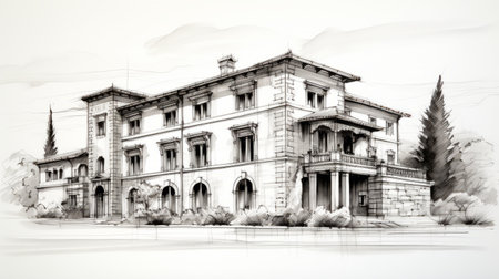 sketches of an old victoria villa and trees, rendered in a realistic and hyper-detailed style reminiscent of italian renaissance revival. this uhd image captures the industrial elegance of the villa, immersing viewers in its rich and precise details. the sketches are a testament to the artist's meticulousness and attention to detail. ai generatedの素材
