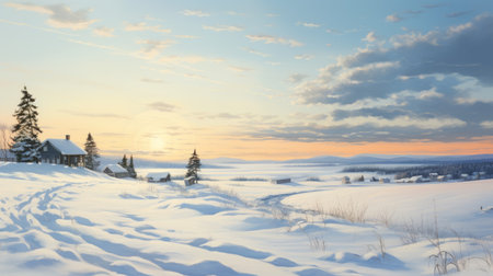 a snow-covered landscape with houses, showcasing a realistic and tonal color palette reminiscent of yupik art. the majestic and sweeping seascapes are bathed in golden light, creating a captivating depiction of rural life. this 8k image captures the essence of prairiecore, offering a stunning visual experience. ai generatedの素材