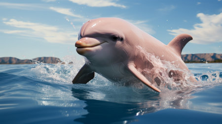 a small dolphin swimming in the ocean, captured in a close-up photo. rendered in unreal engine, the image showcases hyperrealistic details with pink and beige tones. the daz3d style adds to the realistic portrayal of the dolphin, while the interactive exhibits and characterized animals create an immersive experience. the vibrant blue skies provide a stunning backdrop to this captivating scene. ai generatedの素材