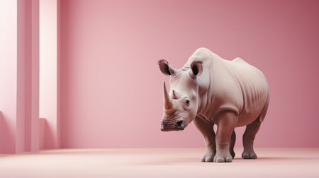 a white rhino stands gracefully beside a vibrant pink wall, showcasing a unique blend of realism and stylized artistry reminiscent of zbrush. the image, created using focus stacking techniques, features a delightful combination of light beige and orange hues. with playful body manipulations and a monochromatic depth, this stunning artwork was rendered using cinema4d. ai generatedの素材