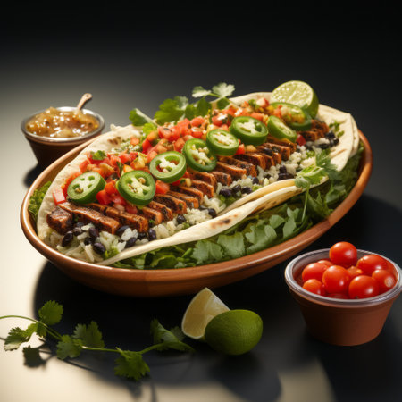 a taco salad featuring a colorful assortment of fresh vegetables, crunchy taco chips, and a flavorful sauce. this photorealistic rendering showcases the vibrant ingredients in a junglecore style, with contrasting lights and darks. the attention to detail is evident in the meticulous feather rendering, while the use of iso 200 adds depth and clarity to the image. ai generatedの素材