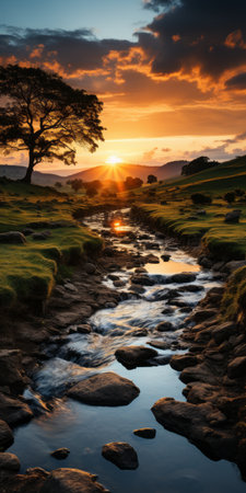 a serene and symmetrical valley at sunset, featuring a mound, trees, and water, reminiscent of traditional british landscapes. this 32k uhd photo captures the calm beauty of the scene, drawing inspiration from national geographic's stunning imagery. transporting viewers to a bygone era, the photo reflects the aesthetic of british landscapes between 1000-1400 ce. ai generatedの素材