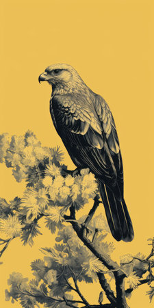 a majestic eagle, with its wings spread wide, gracefully perches on a sturdy tree branch. the vibrant yellow and black color scheme accentuates its regal presence. this captivating image, created with an illustrative storytelling style, evokes a sense of poetic beauty. with a touch of medievalist aesthetic and a vintage feel achieved through ferrania p30 film, this award-winning quality image is perfect for captivating illustratedの素材