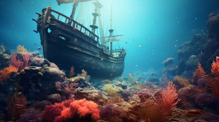 a shipwreck lies amidst a vibrant coral reef teeming with marine life. in the foreground, a lizard perches on a rock, adding to the captivating scene. this wide-angle, 8k photograph showcases the lifelike beauty and diversity of the underwater world, making it a truly fascinating background image. ai generatedの素材