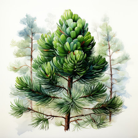 a hyperrealistic watercolor painting of a pine tree showcasing highly detailed figures and symmetrical arrangements. the composition features saturated pigments in dark white and light green, reminiscent of scientific illustrations. the detailed character illustrations add depth and realism to this stunning artwork. ai generatedの素材