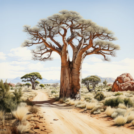 a road in the desert winds through a landscape adorned with majestic baobab trees. the scene is captured in the style of hyper-realistic animal illustrations and organic art nouveau. the photograph showcases the beauty of nature, combining elements of traditional oil paintings and detailed character illustrations. the color palette features light gray and brown tones, creating a serene and captivating atmosphere. ai generatedの素材