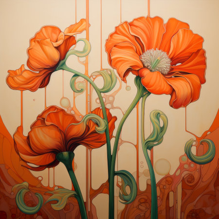 an orange flower with an orange stem, inspired by the art style of martine johanna. this flower showcases the organic flowing lines of art nouveau, with a detailed background reminiscent of a romantic landscape. the high level of detail highlights the delicate nature of the flowers, while the vibrant stage backdrops add a lively touch. ai generatedの素材