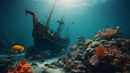 a shipwreck lies amidst a vibrant coral reef teeming with marine life. in the foreground, a cobra rests on a rock, adding an intriguing element to the captivating underwater scene. this wide-angle shot showcases the stunning beauty and diversity of the underwater world, captured in lifelike detail. the image is in 8k resolution, ensuring a visually immersive experience. ai generatedの素材