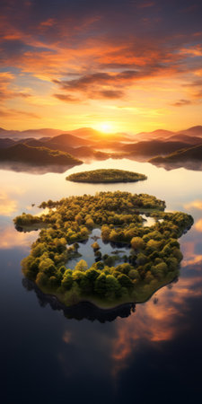 an idyllic island bathed in the warm hues of a breathtaking sunset, surrounded by lush trees and tranquil waters. this stunning 32k uhd photograph captures the essence of traditional british landscapes, reminiscent of national geographic's awe-inspiring imagery. with symmetrical arrangements and a serene beauty, it transports you to a bygone era between 1000-1400 ce, evoking a sense of tranquility and wonder. ai generatedの素材
